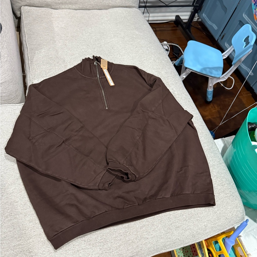 SKIMS Boyfriend Fleece Slouchy Halfzip Pullover Espresso XS